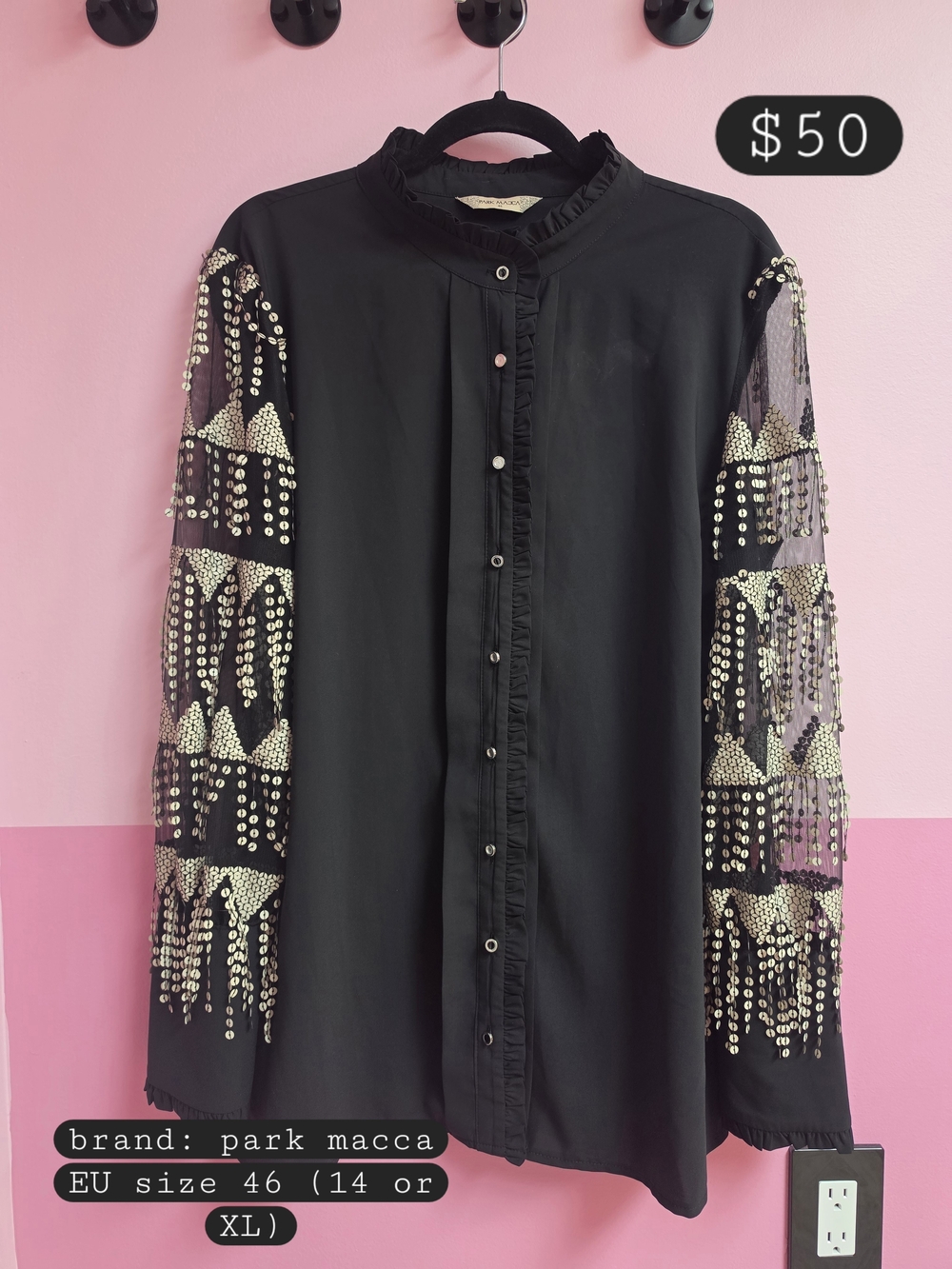 Black Sequin-Embellished Sheer Sleeve Blouse